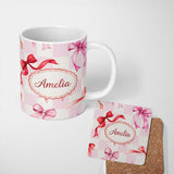 Personalized Custom Name Watercolor Red and Pink Ribbon Bow Pink Gingham Check Background 11oz Ceramic Coffee Tea Mug White Large Handle