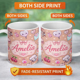 Personalized Custom Name Cute Cupid Angels Hearts Sweets Balloon Love Elements Pattern Peach 11oz Ceramic Coffee Tea Mug White Large Handle