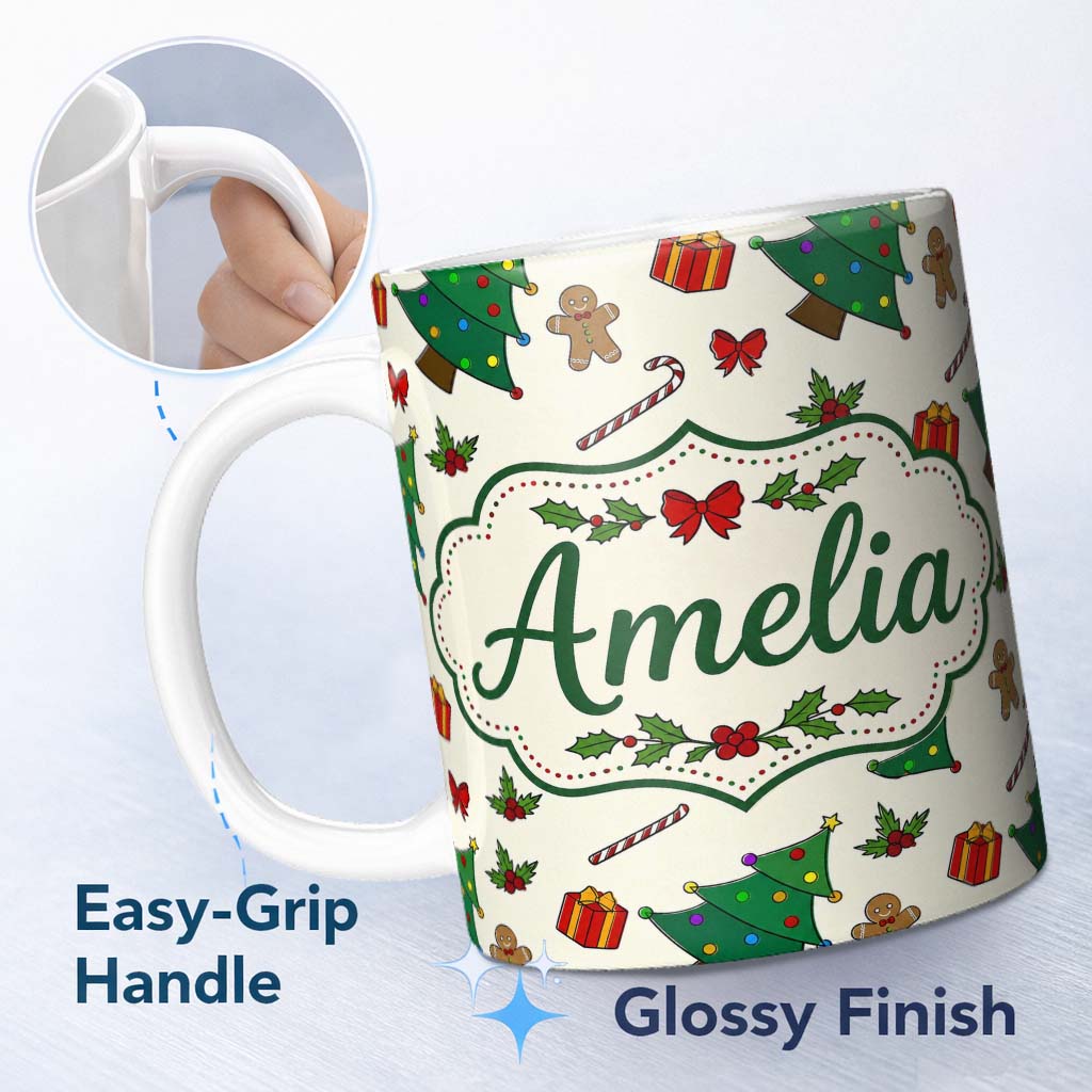 Personalized Custom Name Cute Christmas Trees with Gingerbread Candy Canes and Gifts Seamless 11oz Ceramic Coffee Tea Mug White Large Handle