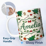 Personalized Custom Name Cute Christmas Trees with Gingerbread Candy Canes and Gifts Seamless 11oz Ceramic Coffee Tea Mug White Large Handle