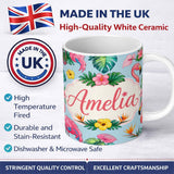 Personalized Custom Name Tropical Flamingo Bird with Exotic Flowers Leaf Pattern Blue 11oz Ceramic Coffee Tea Mug White Large Handle