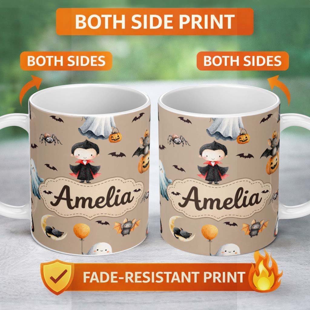 Personalized Custom Name Cute Halloween Dracula Ghost Bats on Brown Background Seamless 11oz Ceramic Coffee Tea Mug White Large Handle