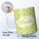 Personalized Custom Name Ornate Green Damask Style Pattern on Light Background Seamless 11oz Ceramic Coffee Tea Mug White Large Handle