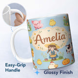 Personalized Custom Name Cute Farm Girl Animals Harvest Seamless Pattern Blue Background 11oz Ceramic Coffee Tea Mug White Large Handle