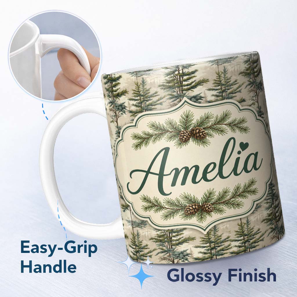 Personalized Custom Name Pine Branch with White Blossom Pattern on Light Background Lovely 11oz Ceramic Coffee Tea Mug White Large Handle