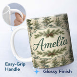 Personalized Custom Name Pine Branch with White Blossom Pattern on Light Background Lovely 11oz Ceramic Coffee Tea Mug White Large Handle