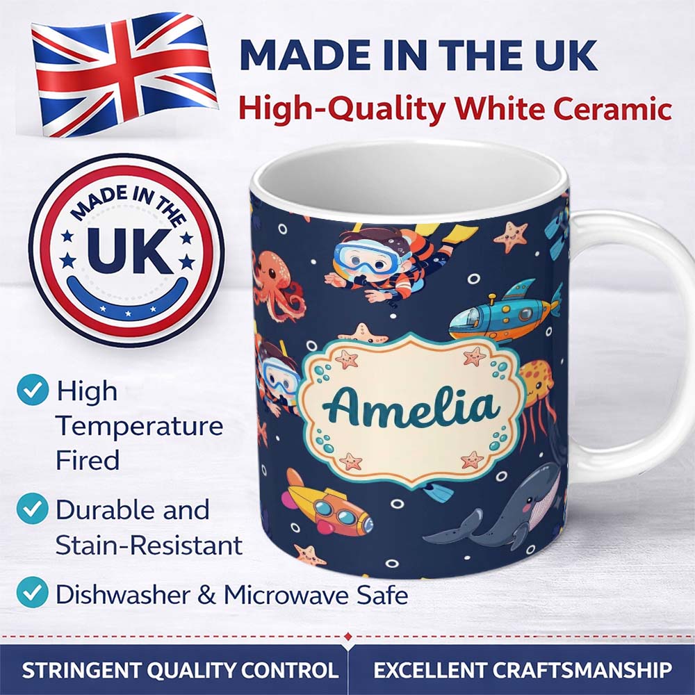 Personalized Custom Name Kid Scuba Diver Submarine Jellyfish Ocean Animal Purple Bubble 11oz Ceramic Coffee Tea Mug White Large Handle