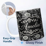 Personalized Custom Name Vintage Black and White Floral with Ornate Botanical Details Design 11oz Ceramic Coffee Tea Mug White Large Handle
