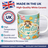 Personalized Custom Name Cute Farm Animals Girl Pig Cow Chicken Mint Green Background Lovely 11oz Ceramic Coffee Tea Mug White Large Handle