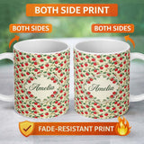 Personalized Custom Name Vintage Red Apples on Branches with Leaves Seamless Pattern Lovely 11oz Ceramic Coffee Tea Mug White Large Handle