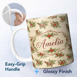 Personalized Custom Name Watercolor Holly Berries Green Leaves Minimal Seamless Pattern 11oz Ceramic Coffee Tea Mug White Large Handle