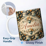 Personalized Custom Name Lush Peony and Blossom Floral Pattern in Teal Vase on Dark Lovely 11oz Ceramic Coffee Tea Mug White Large Handle