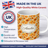 Personalized Custom Name Classic Autumn Chrysanthemum Floral Pattern in Orange and Gold Tones 11oz Ceramic Coffee Tea Mug White Large Handle