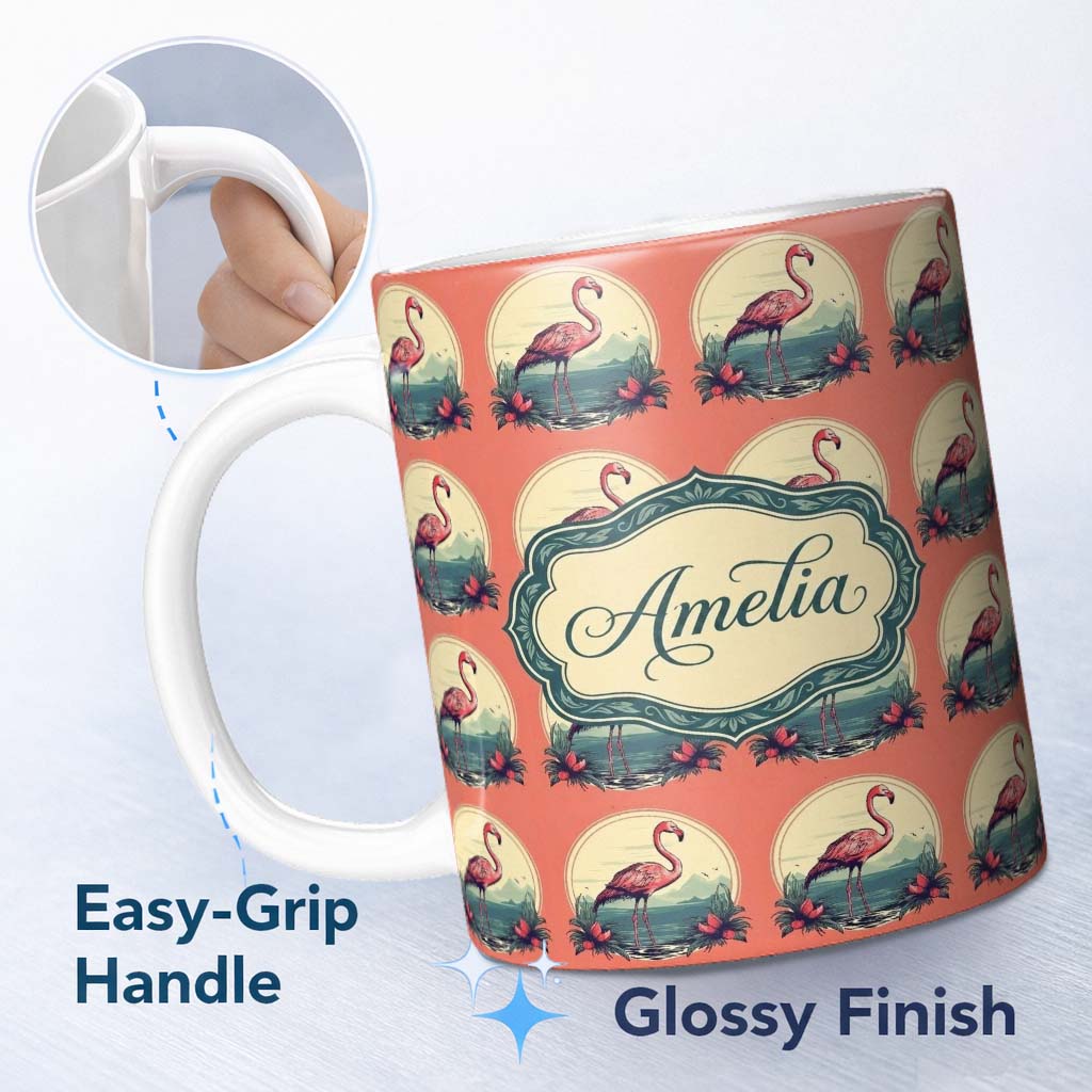 Personalized Custom Name Tropical Flamingo Sunset Landscape Circle Design Seamless Pattern 11oz Ceramic Coffee Tea Mug White Large Handle