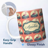 Personalized Custom Name Tropical Flamingo Sunset Landscape Circle Design Seamless Pattern 11oz Ceramic Coffee Tea Mug White Large Handle