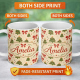 Personalized Custom Name Cute Christmas Trees Red Bows Festive Seamless Pattern Lovely 11oz Ceramic Coffee Tea Mug White Large Handle