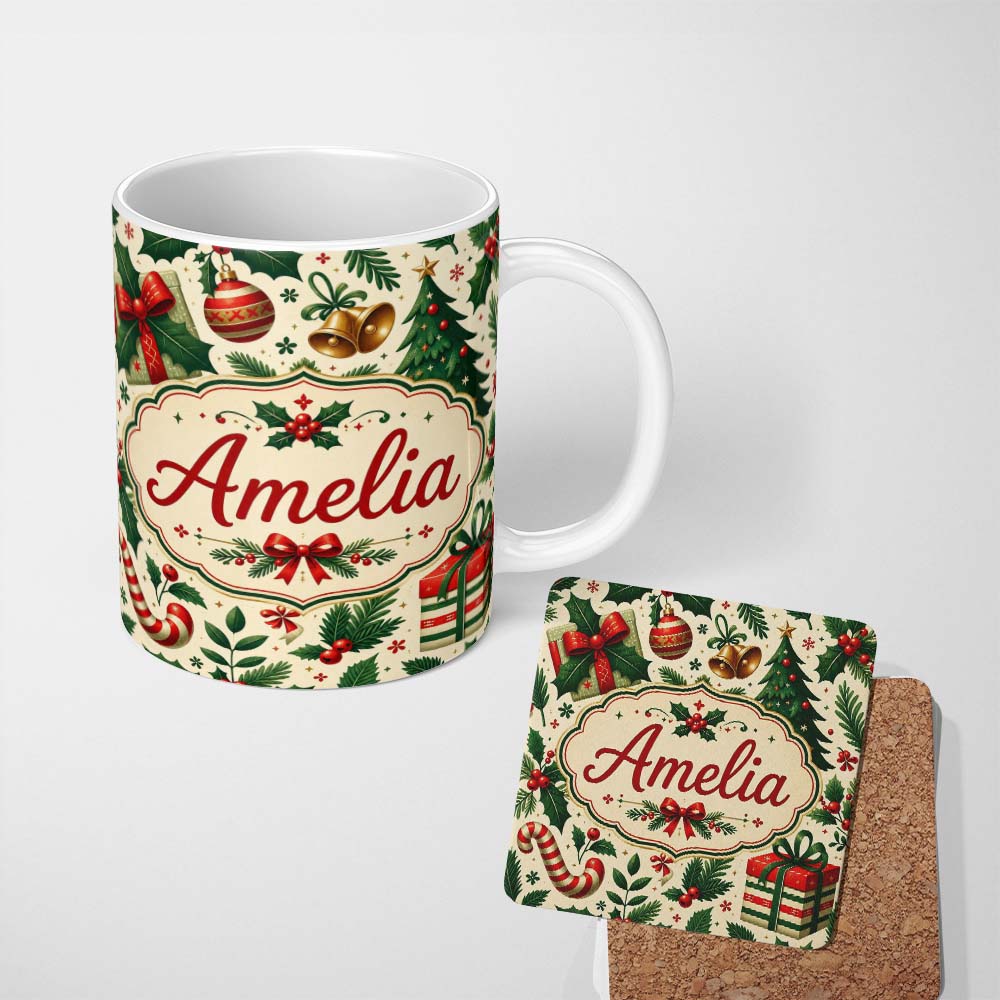 Personalized Custom Name Christmas Stocking Holly Bell Gift Festive Seamless Pattern Lovely 11oz Ceramic Coffee Tea Mug White Large Handle