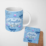 Personalized Custom Name Cute Dolphin Shark and Jellyfish Ocean Animals Blue Background 11oz Ceramic Coffee Tea Mug White Large Handle