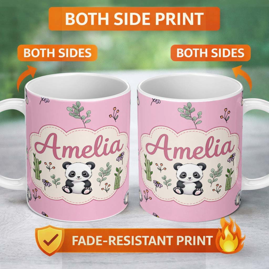 Personalized Custom Name Cute Panda Bear with Bamboo Leaves Floral Seamless Pattern Soft Pink 11oz Ceramic Coffee Tea Mug White Large Handle