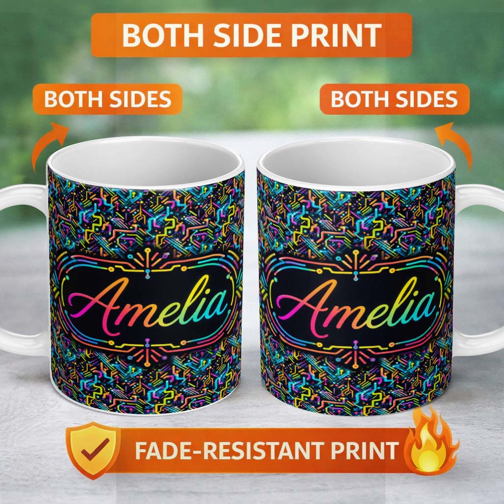 Personalized Custom Name Neon Circuit Board Lines Abstract Technology Pattern on Dark Lovely 11oz Ceramic Coffee Tea Mug White Large Handle