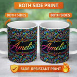 Personalized Custom Name Neon Circuit Board Lines Abstract Technology Pattern on Dark Lovely 11oz Ceramic Coffee Tea Mug White Large Handle