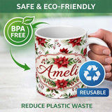 Personalized Custom Name Elegant Poinsettia Flower Berry Greenery Festive Seamless Pattern 11oz Ceramic Coffee Tea Mug White Large Handle
