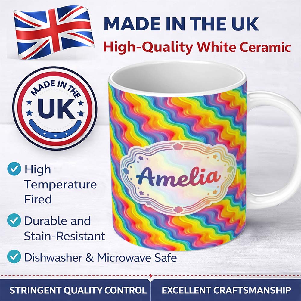 Personalized Custom Name Bright Rainbow Wavy Stripes Seamless Pattern Cute Unique Gift Lovely 11oz Ceramic Coffee Tea Mug White Large Handle