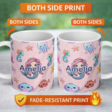 Personalized Custom Name Cute Kawaii Mermaid Seahorse Jellyfish and Starfish Light Pink 11oz Ceramic Coffee Tea Mug White Large Handle