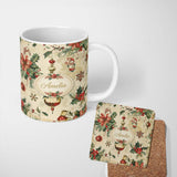 Personalized Custom Name Elegant Christmas Poinsettia Holly Berries and Ornaments Seamless 11oz Ceramic Coffee Tea Mug White Large Handle