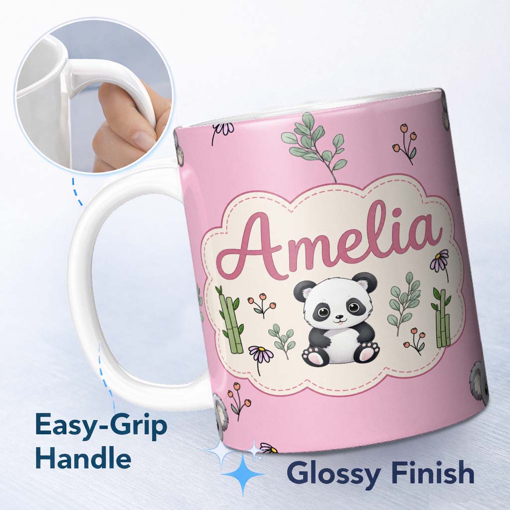 Personalized Custom Name Cute Panda Bear with Bamboo Leaves Floral Seamless Pattern Soft Pink 11oz Ceramic Coffee Tea Mug White Large Handle