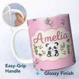 Personalized Custom Name Cute Panda Bear with Bamboo Leaves Floral Seamless Pattern Soft Pink 11oz Ceramic Coffee Tea Mug White Large Handle