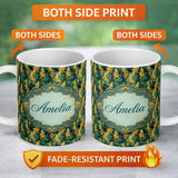 Personalized Custom Name Rich Dark Botanical Pattern with Golden Yellow Flowers on Deep Green 11oz Ceramic Coffee Tea Mug White Large Handle