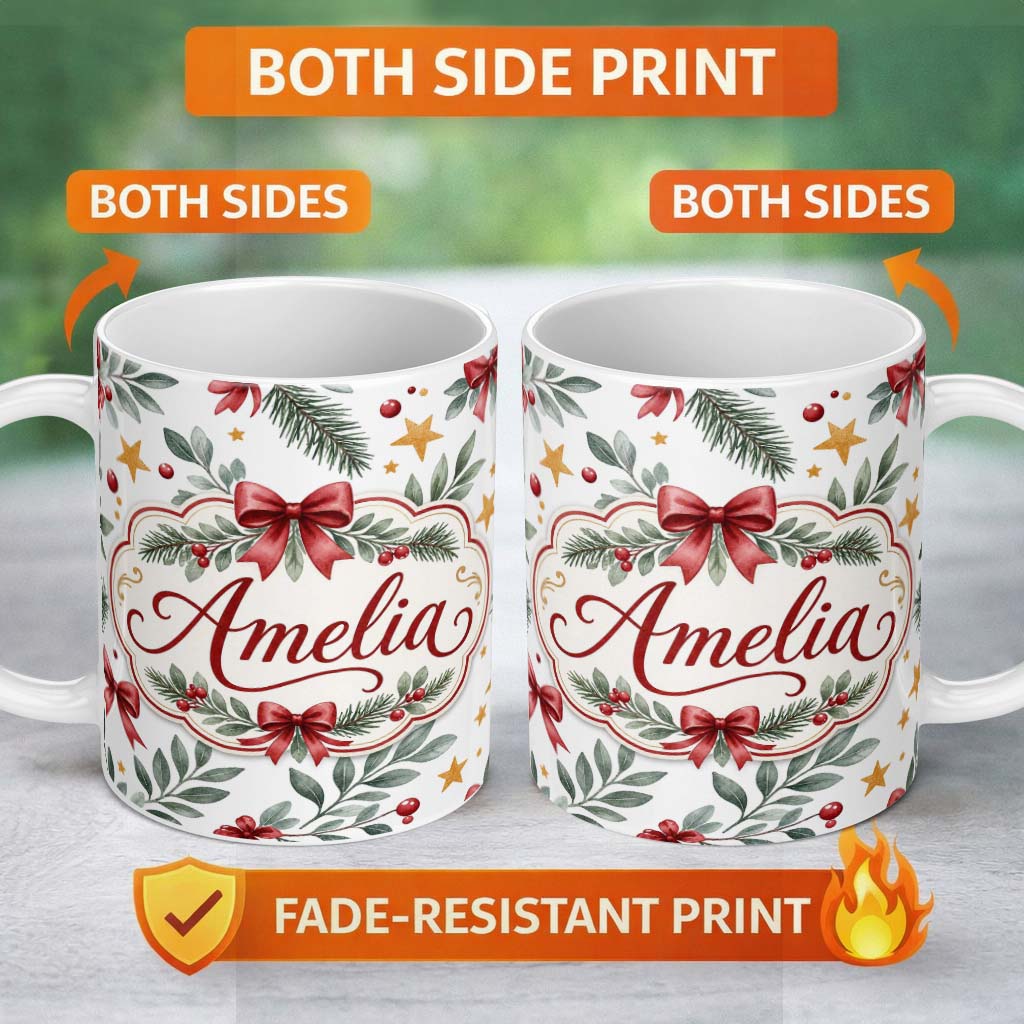 Personalized Custom Name Watercolor Red Bow Gold Star Leaf Berry Holiday Seamless Pattern 11oz Ceramic Coffee Tea Mug White Large Handle