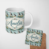 Personalized Custom Name Puffin Bird Pattern Coastal Wildlife Rock Scene Seamless Design 11oz Ceramic Coffee Tea Mug White Large Handle