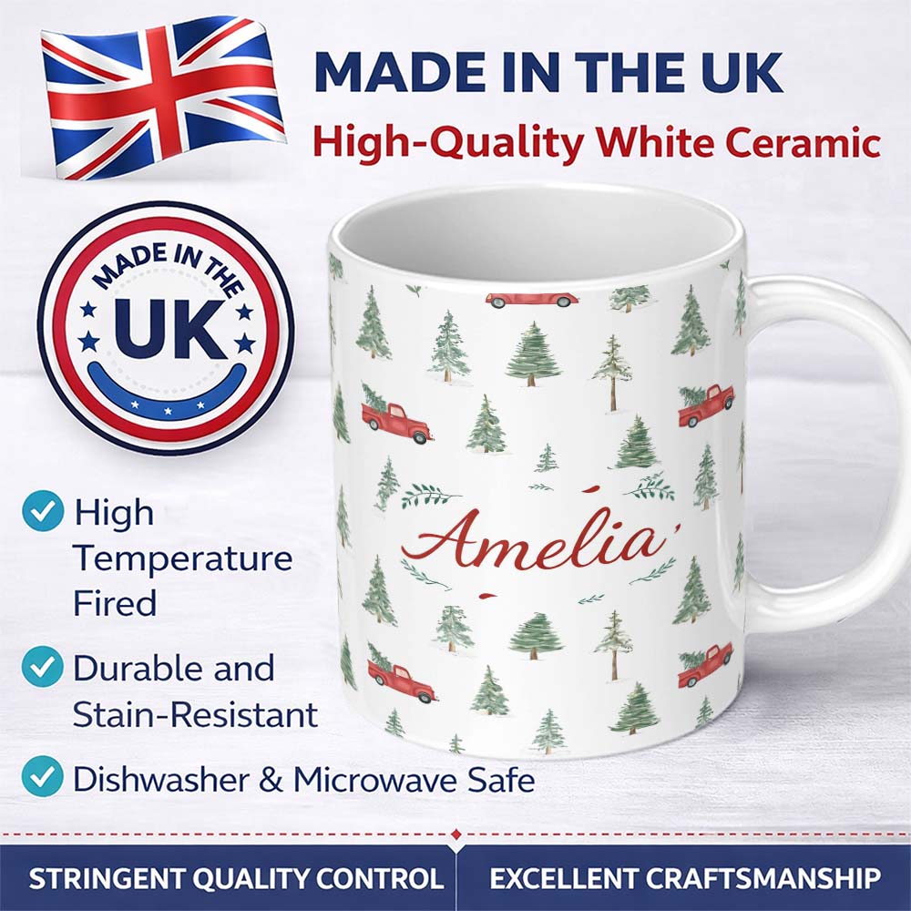 Personalized Custom Name Winter Forest Red Car Christmas Tree Pattern Seamless Design Lovely 11oz Ceramic Coffee Tea Mug White Large Handle