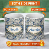 Personalized Custom Name Blue Jay Bird Neutral Botanical Leaf Classic Nature Textile Design 11oz Ceramic Coffee Tea Mug White Large Handle