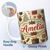 Personalized Custom Name Vintage Christmas Tree Gift Ornament Star Festive Seamless Pattern 11oz Ceramic Coffee Tea Mug White Large Handle