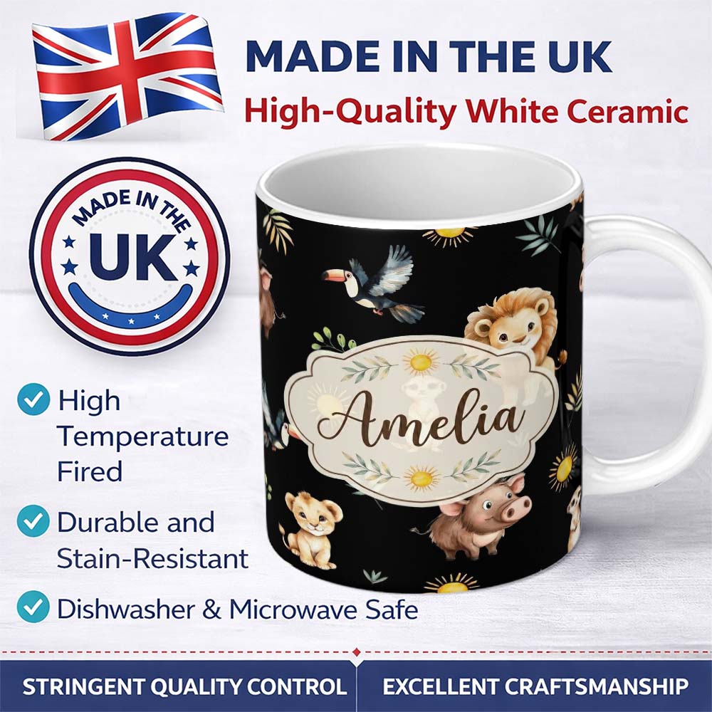 Custom Name Cute Safari Animals Lion Meerkat Toucan and Warthog with Sun 11oz Ceramic Coffee Tea Mug White Large Handle