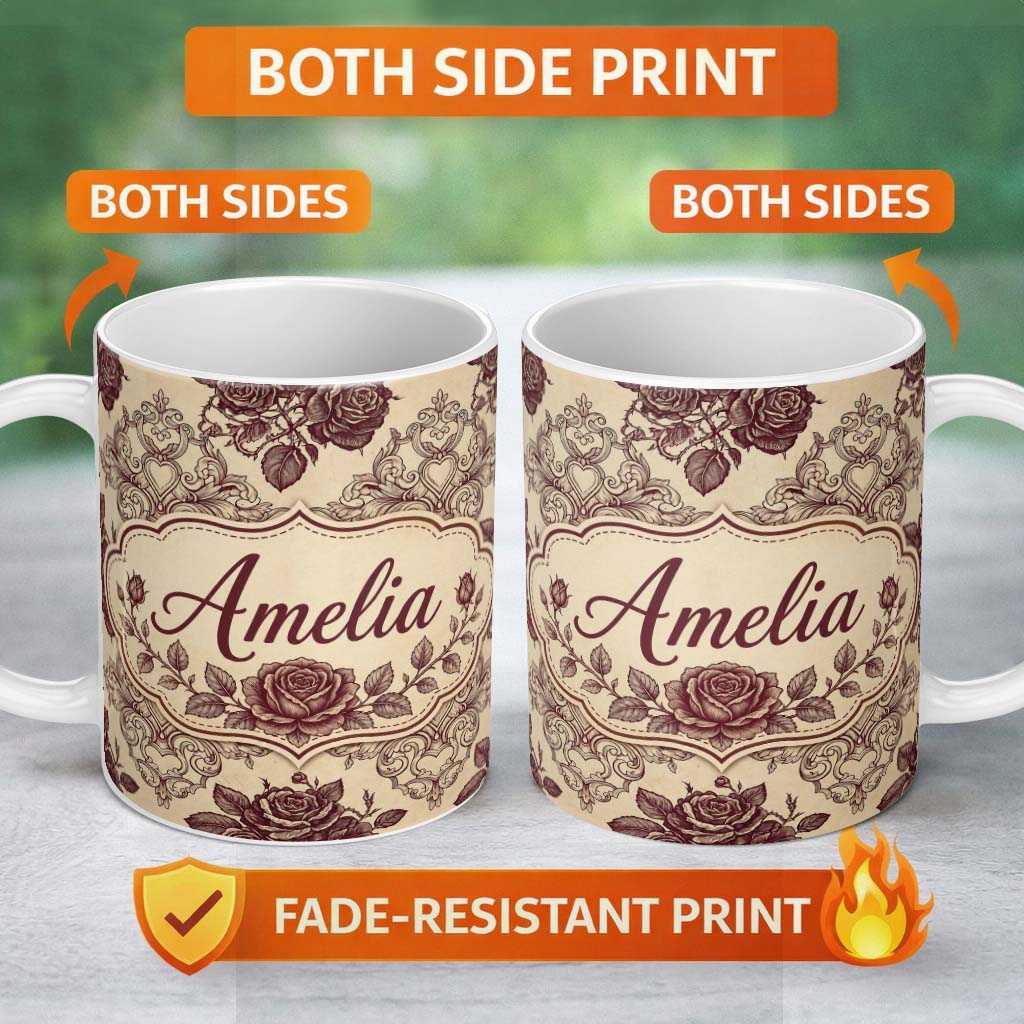 Personalized Custom Name Classic Baroque Rose Damask Ornate Seamless Pattern Design Lovely 11oz Ceramic Coffee Tea Mug White Large Handle