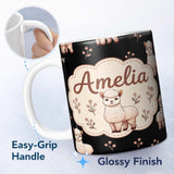 Personalized Custom Name Cute Alpaca Llama Farm Animals Floral Seamless Pattern Black Lovely 11oz Ceramic Coffee Tea Mug White Large Handle