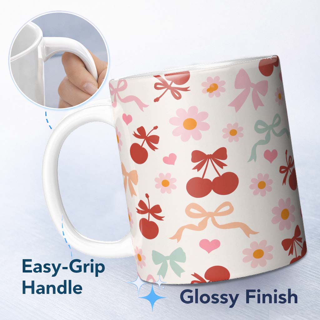 Personalized Custom Name Cute Cherry Bow Daisy Heart Seamless Pattern on Light Neutral Cream 11oz Ceramic Coffee Tea Mug White Large Handle