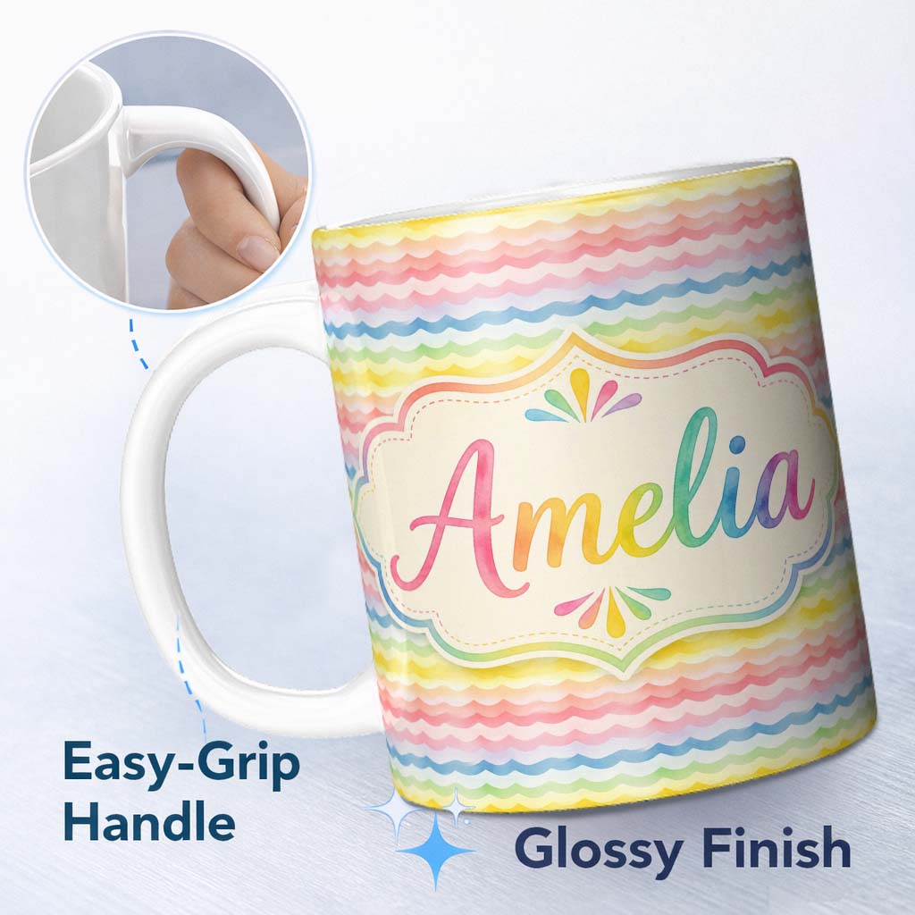 Personalized Custom Name Pastel Rainbow Soft Wave Stripes Seamless Pattern Cute Unique Gift 11oz Ceramic Coffee Tea Mug White Large Handle