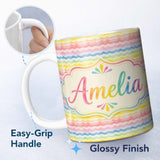 Personalized Custom Name Pastel Rainbow Soft Wave Stripes Seamless Pattern Cute Unique Gift 11oz Ceramic Coffee Tea Mug White Large Handle