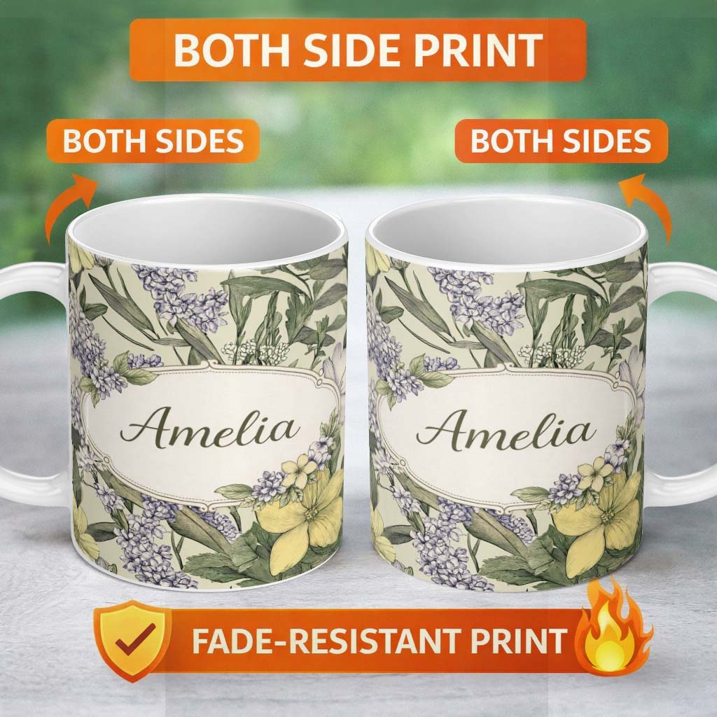 Personalized Custom Name Vintage Botanical Floral Illustration Seamless Pattern Lovely 11oz Ceramic Coffee Tea Mug White Large Handle