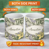 Personalized Custom Name Vintage Botanical Floral Illustration Seamless Pattern Lovely 11oz Ceramic Coffee Tea Mug White Large Handle
