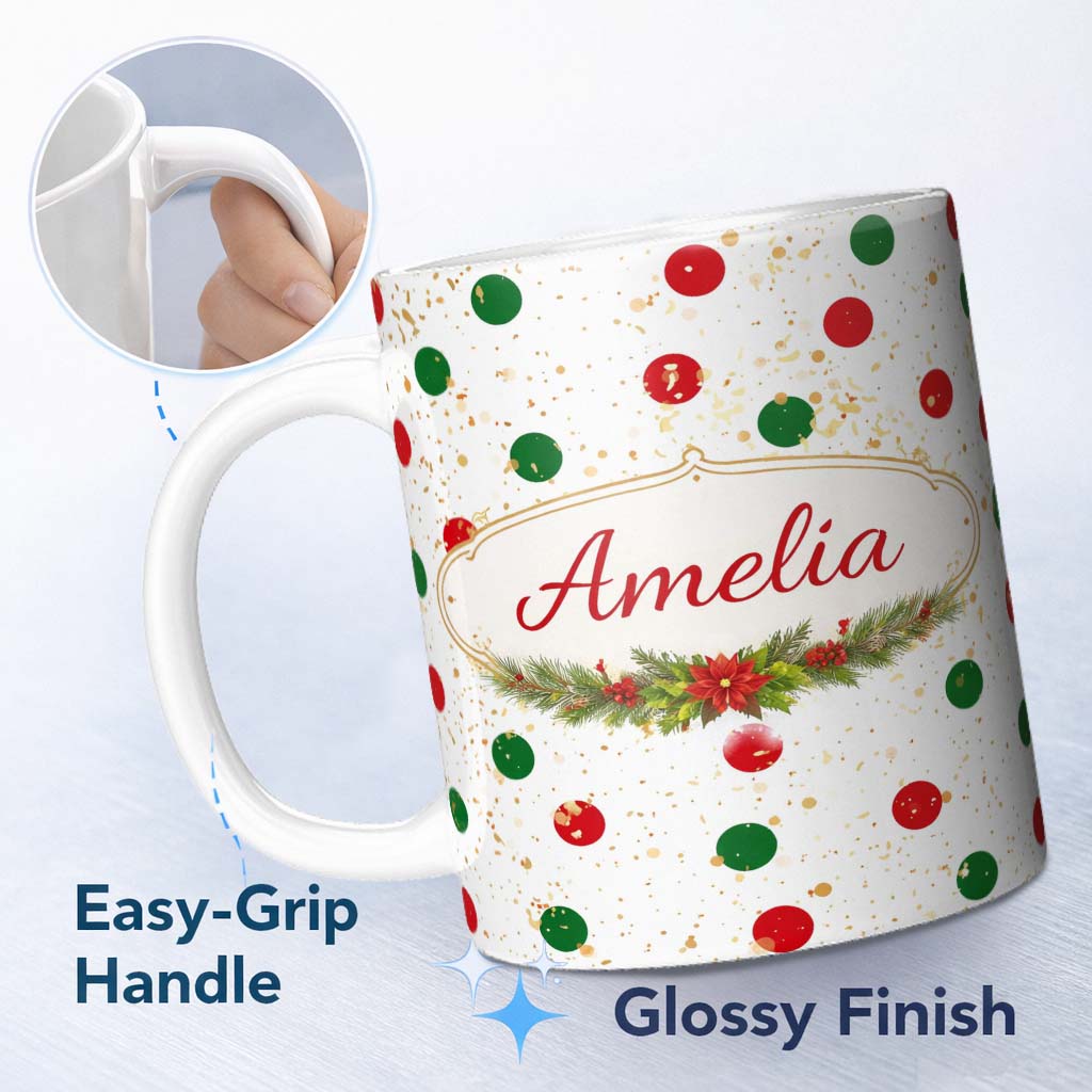 Personalized Custom Name Red and Green Polka Dots with Gold Splatter Seamless Pattern Lovely 11oz Ceramic Coffee Tea Mug White Large Handle