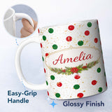 Personalized Custom Name Red and Green Polka Dots with Gold Splatter Seamless Pattern Lovely 11oz Ceramic Coffee Tea Mug White Large Handle