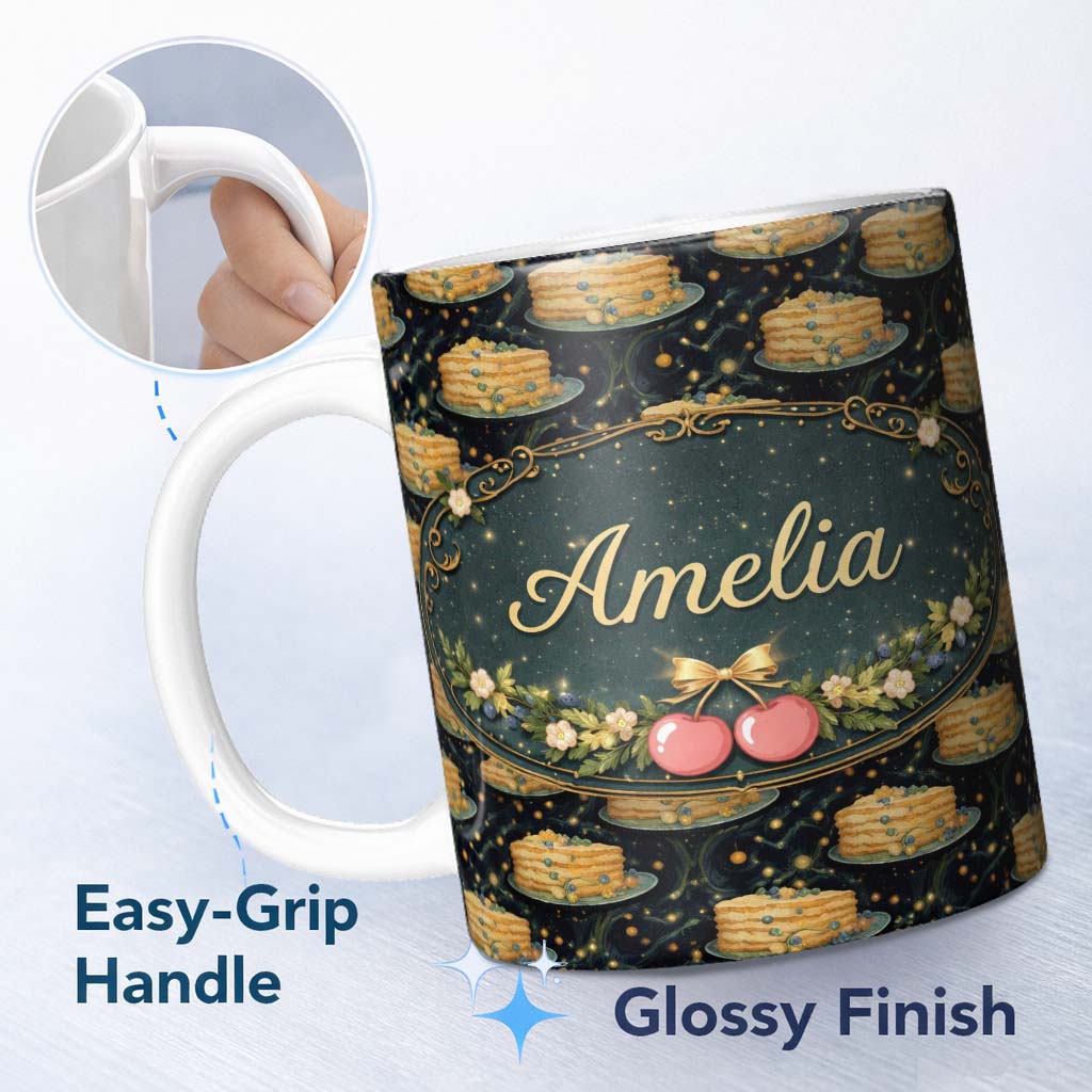 Personalized Custom Name Pink Cherry Cake Seamless Pattern Cute Dessert Sweet Food Design 11oz Ceramic Coffee Tea Mug White Large Handle