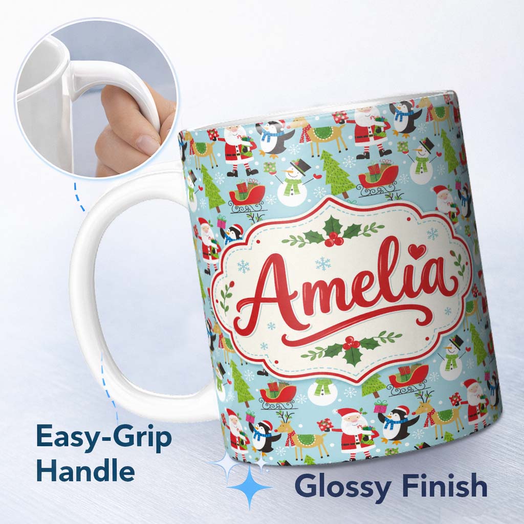 Personalized Custom Name Santa Reindeer Penguin Sleigh Snowman Christmas Fun Seamless Pattern 11oz Ceramic Coffee Tea Mug White Large Handle