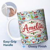 Personalized Custom Name Santa Reindeer Penguin Sleigh Snowman Christmas Fun Seamless Pattern 11oz Ceramic Coffee Tea Mug White Large Handle